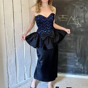 Vintage 90s Blue Sequin Black Strapless Gown Peplum Dress by Scott McClintock S